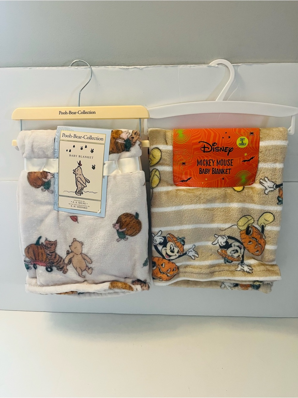 Winnie the Pooh Bear & Disney Mickey Mouse Lot of 2 Fall Halloween Baby Blankets